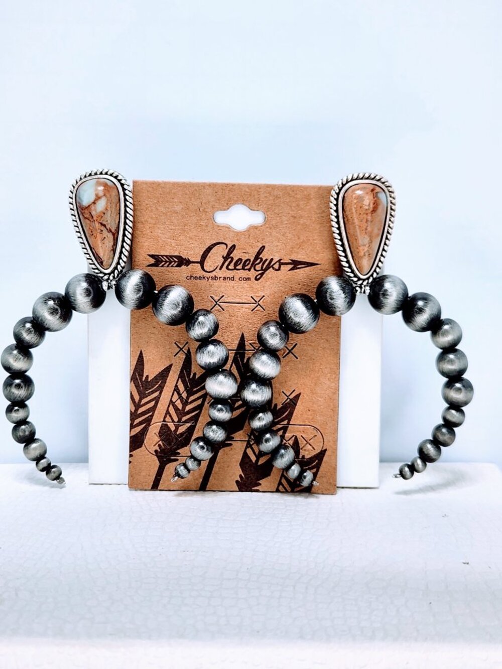 Southwestern Silvertone Navajo Pearl Hoop Earrings with Jasper Stone - Picture 3 of 3